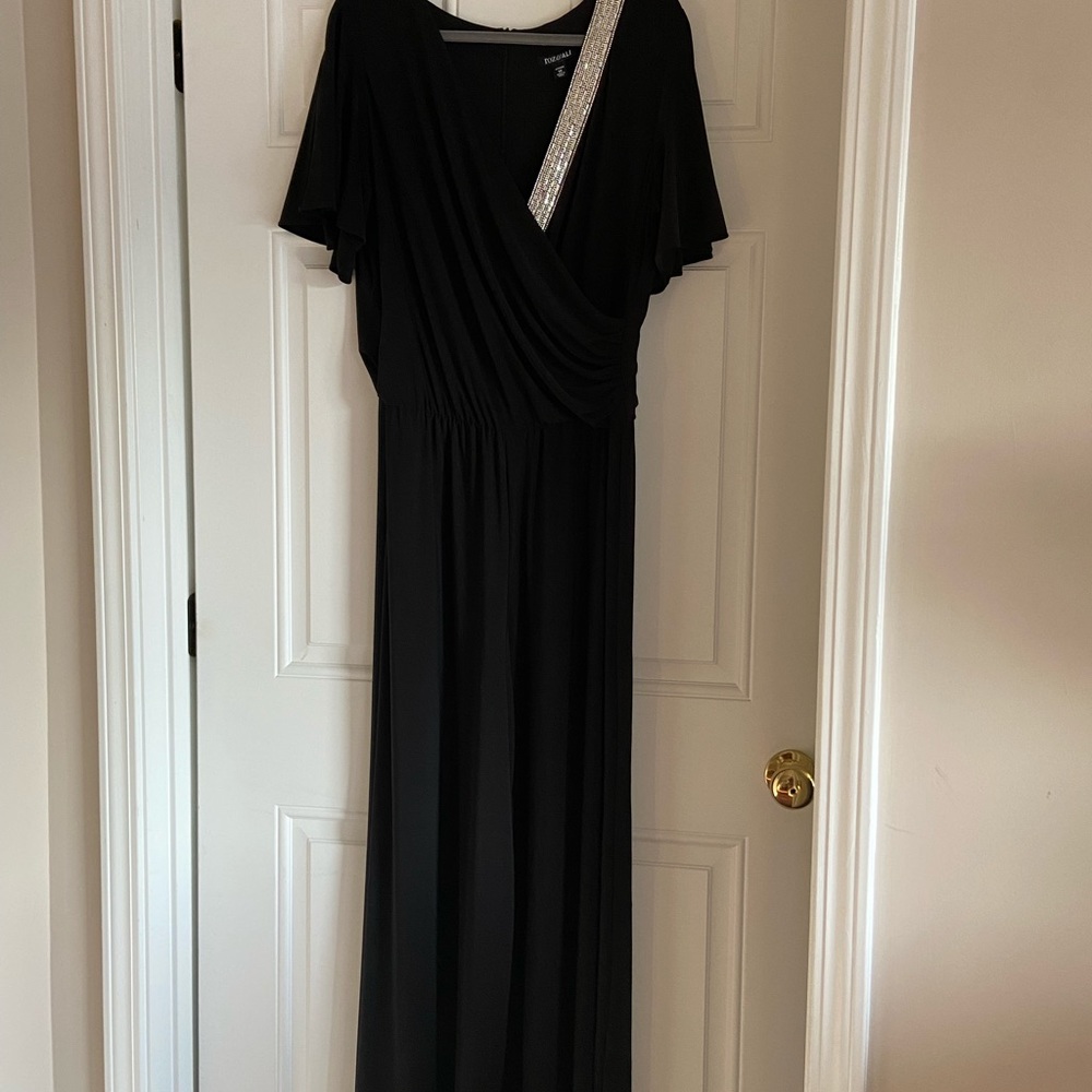 Formal black jumpsuit with faux wrap top and rhinestone detail (size 1x)